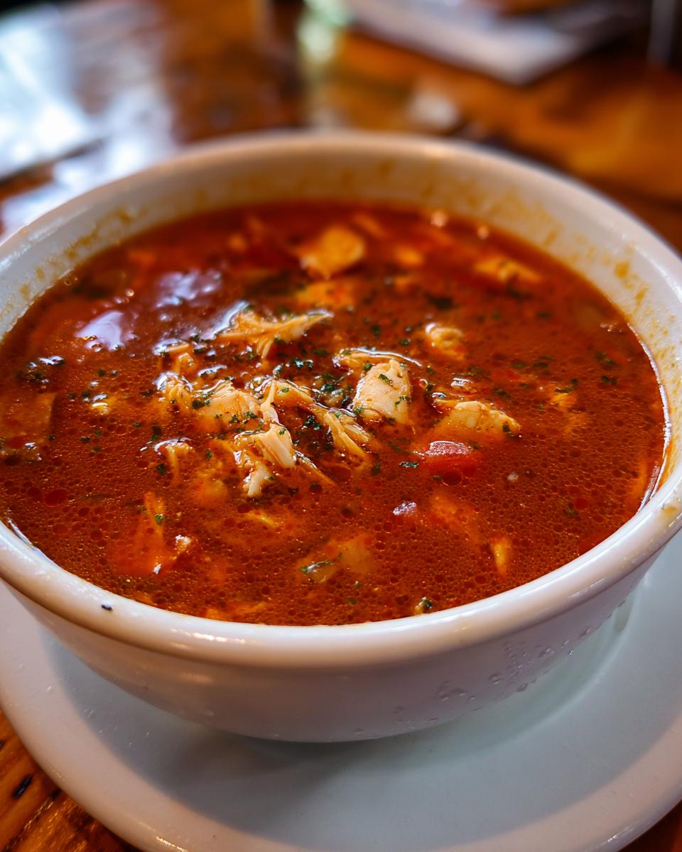 Close-up of a steaming bowl of rich, red Maryland crab soup filled with shredded crab meat and herbs.