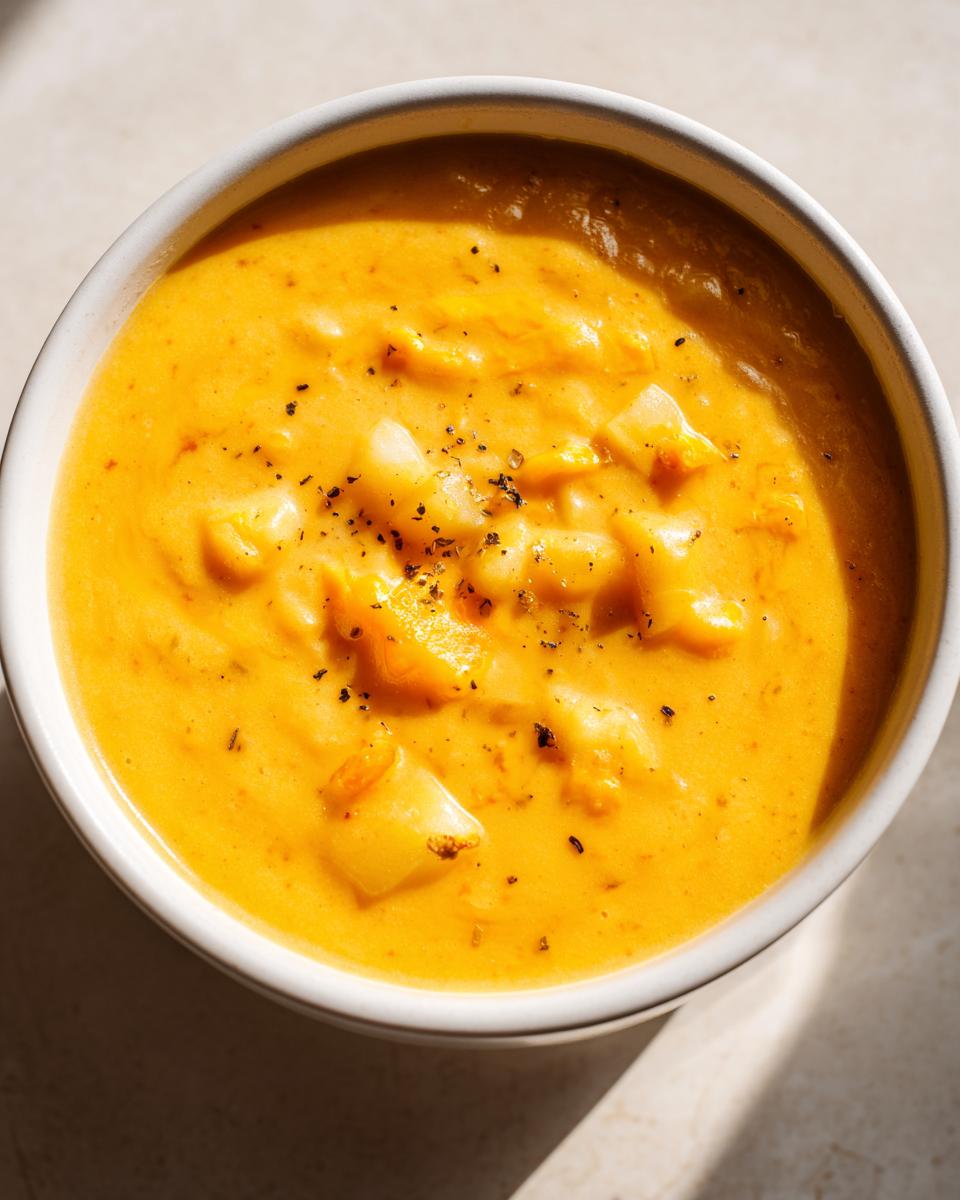 Overhead shot of a white bowl filled with creamy, orange cheese soup containing visible chunks of potato or vegetable, topped with cracked black pepper.