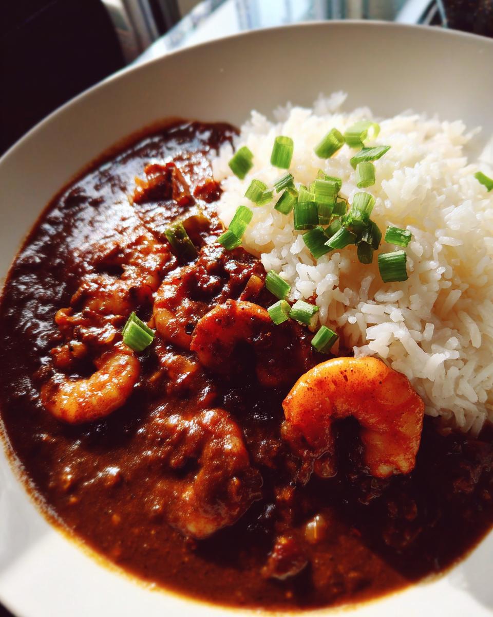 Close-up of a bowl of rich, dark shrimp etouffee next to fluffy white rice, garnished with chopped green onions.