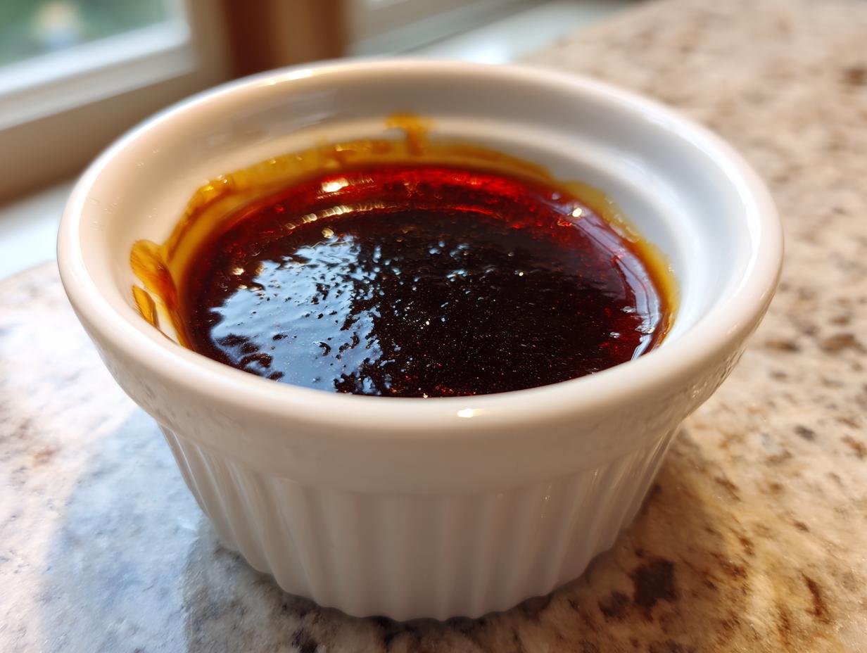Close-up of thick, dark homemade teriyaki sauce filling a small white ramekin on a granite countertop.
