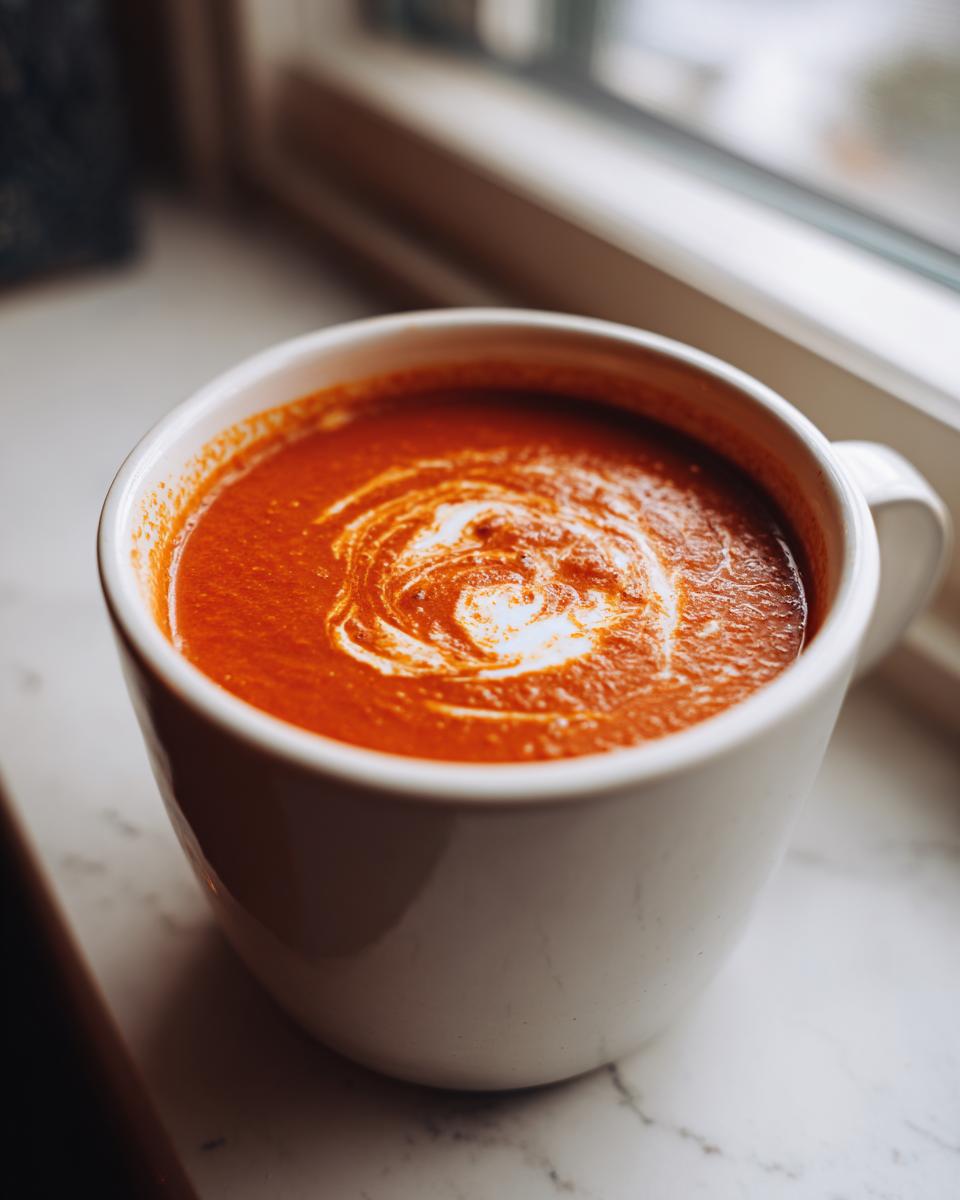 Close-up of a steaming mug of vibrant orange roasted tomato soup, topped with a swirl of cream.