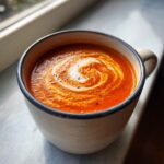 Close-up of vibrant roasted tomato soup topped with a swirl of cream and black pepper.