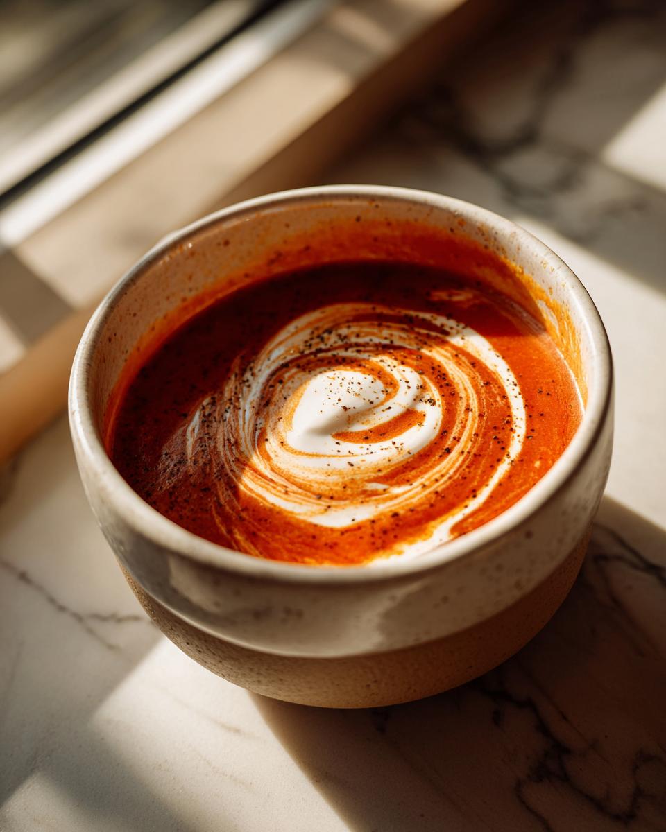 Close-up of a bowl of rich roasted tomato soup topped with a swirl of cream and black pepper.