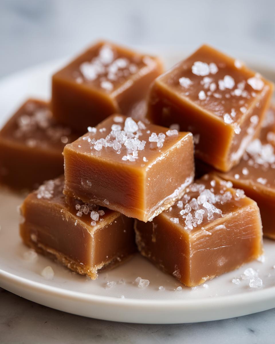 Close-up of soft, chewy salted caramels stacked on a white plate, sprinkled with flaky sea salt.