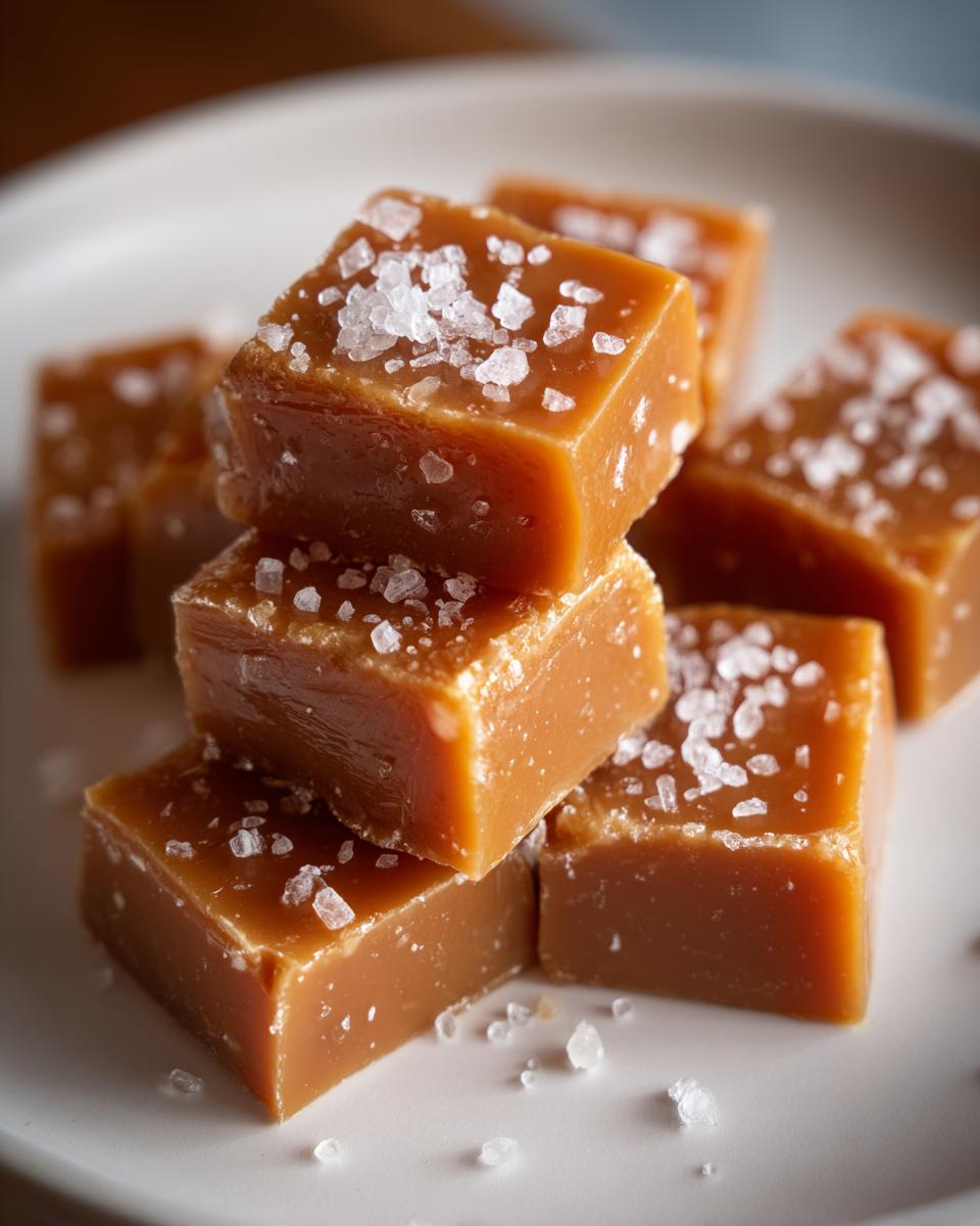 Close-up of soft, square salted caramels stacked on a white plate, sprinkled with flaky sea salt.