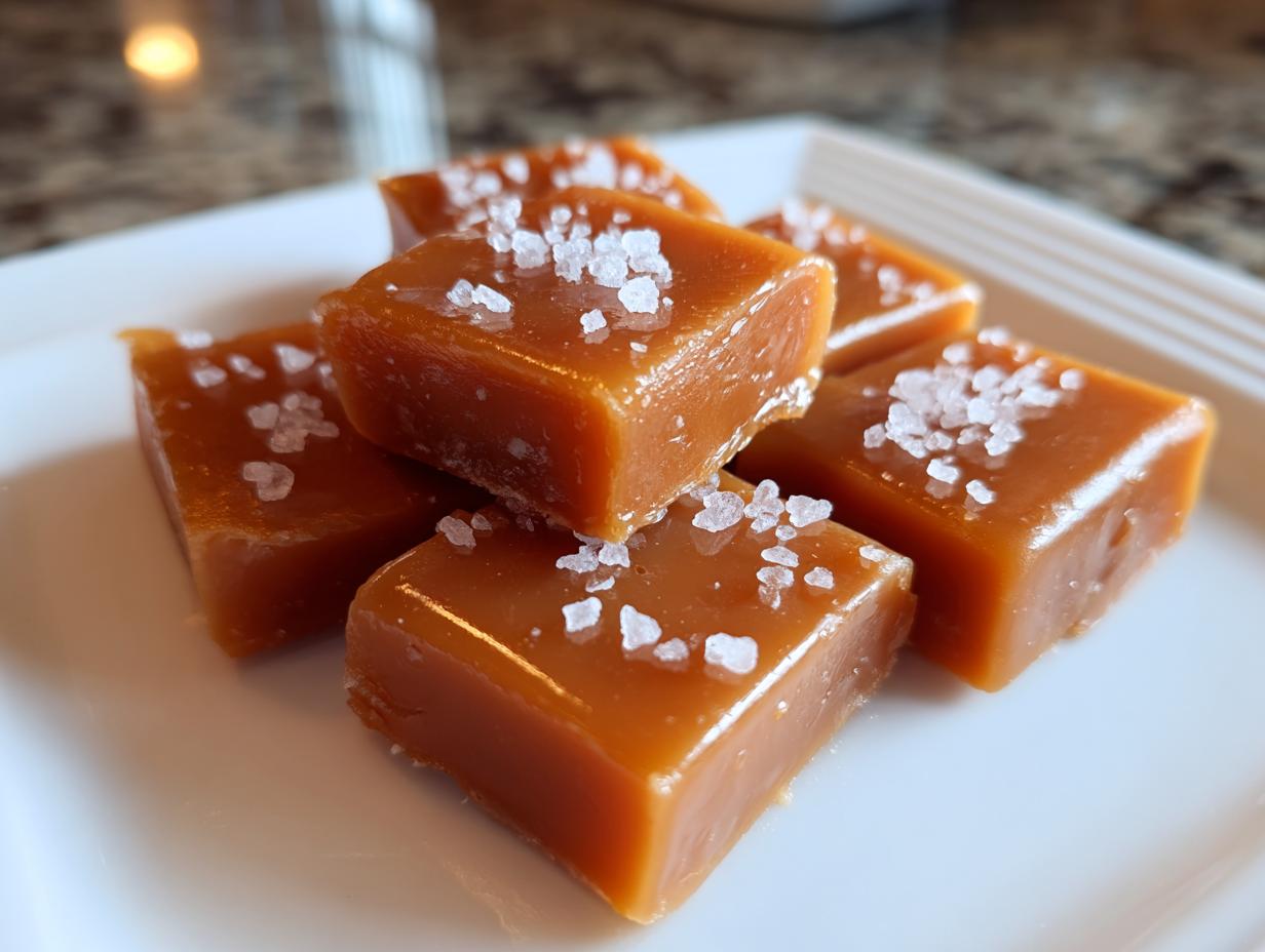Close-up of several square, chewy salted caramels sprinkled with flaky sea salt on a white serving dish.