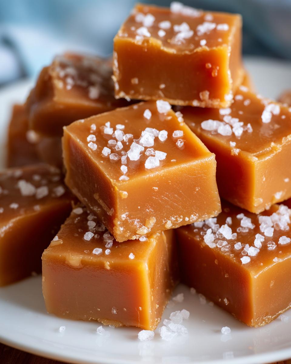 Close-up of a stack of homemade, soft, square caramels sprinkled generously with flaky sea salt.