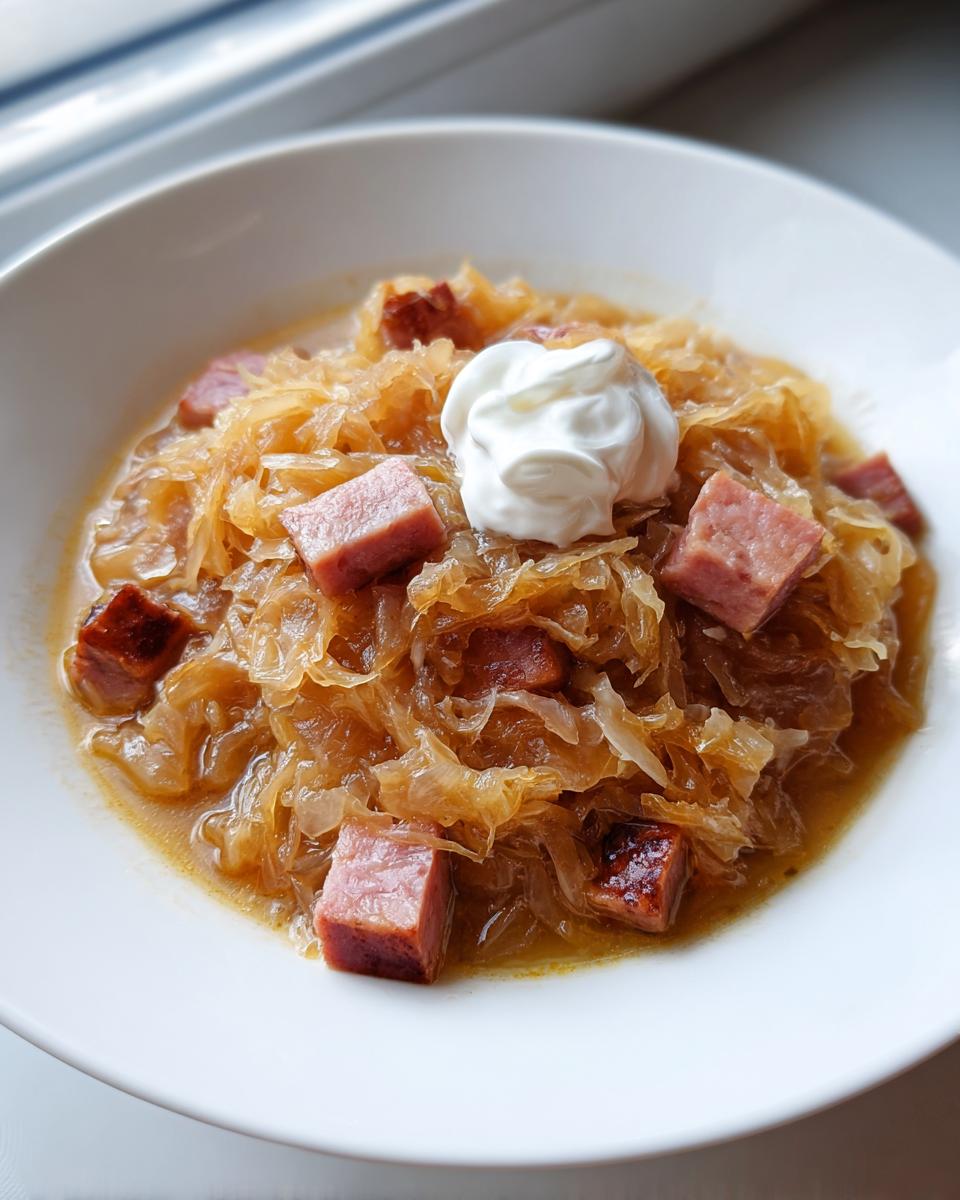 Close-up of a bowl of rich sauerkraut soup topped with cubed ham and a dollop of sour cream.