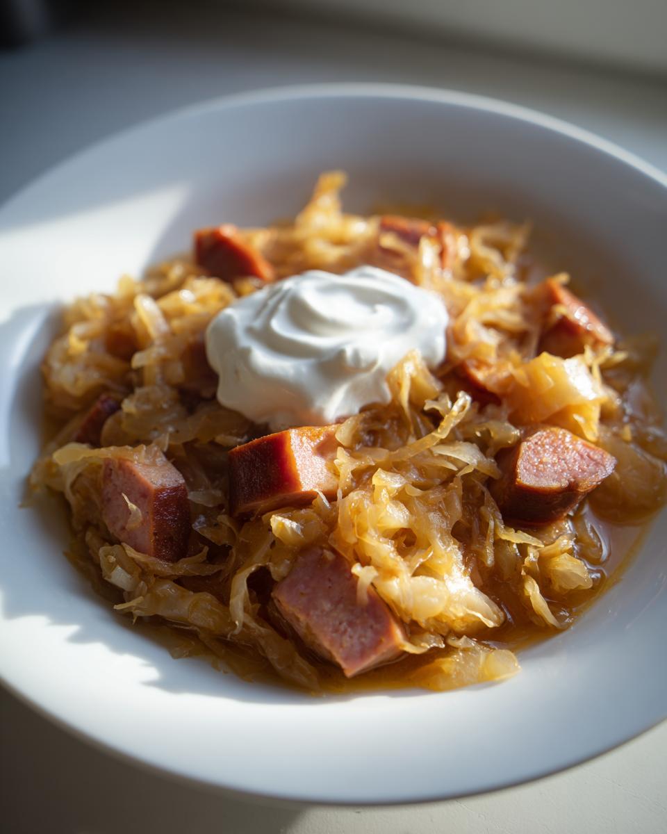 A white bowl filled with hearty sauerkraut soup, chunks of smoked sausage, and topped with a dollop of sour cream.