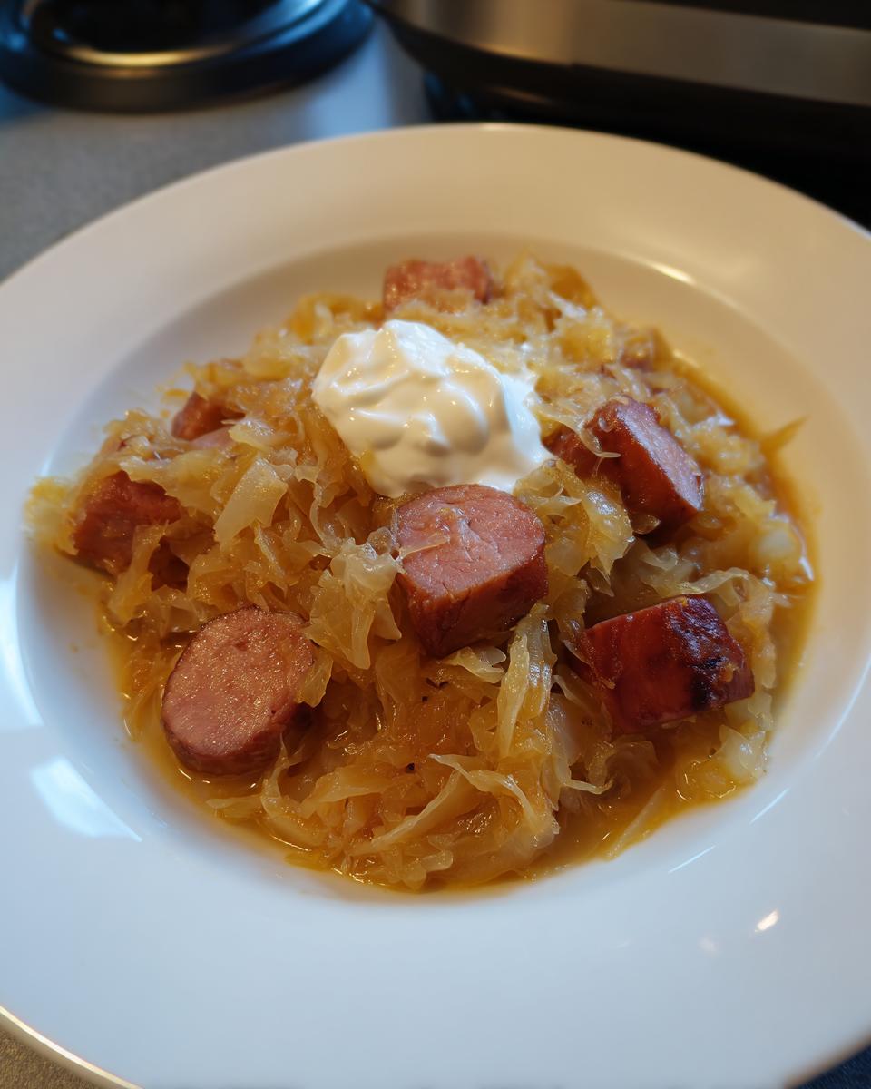 A white bowl filled with hearty sauerkraut soup, chunks of smoked sausage, and topped with a dollop of sour cream.