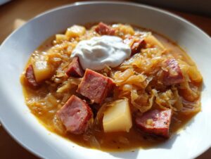 A close-up of a bowl of rich, orange-hued sauerkraut soup topped with sour cream, featuring chunks of smoked sausage and potatoes.