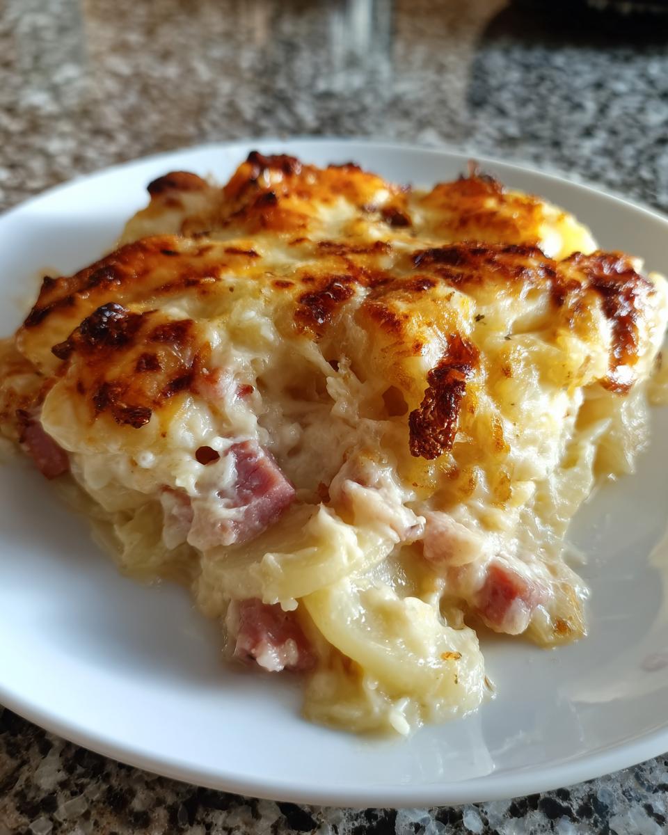Close-up of a serving of creamy scalloped potatoes and ham topped with golden-brown baked cheese.