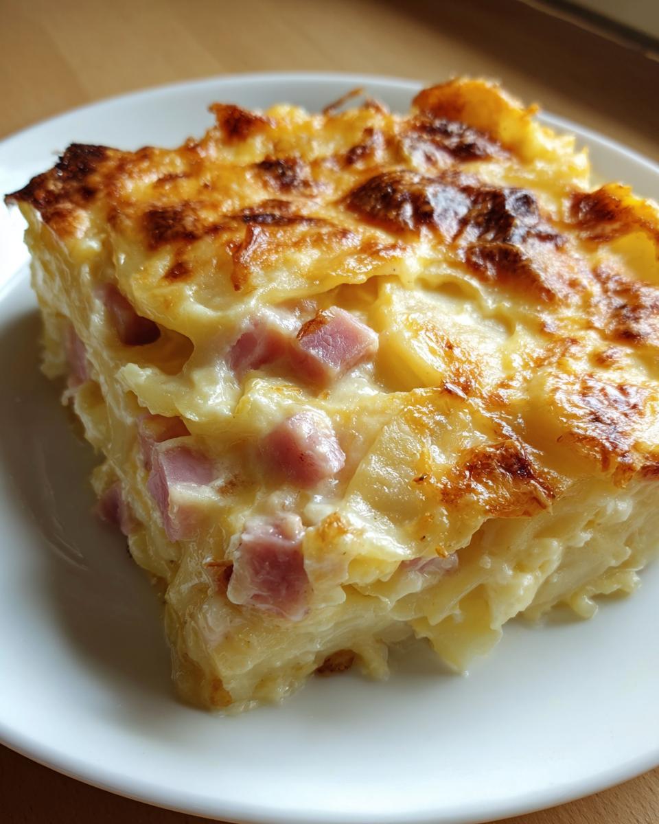 A close-up of a thick, cheesy slice of scalloped potatoes and ham with a golden-brown, baked top.