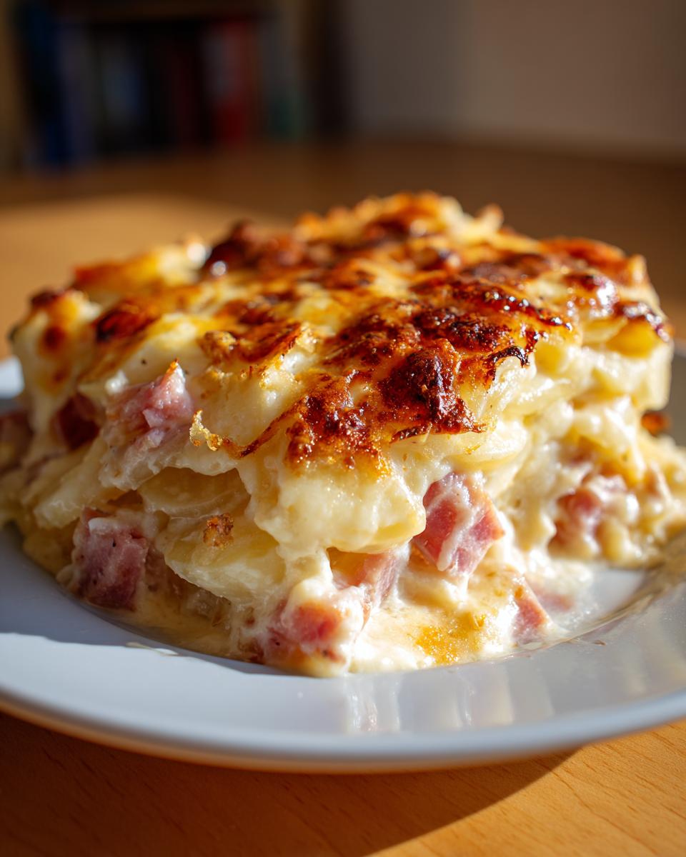 A golden-brown, cheesy slice of scalloped potatoes and ham layered on a light blue plate.