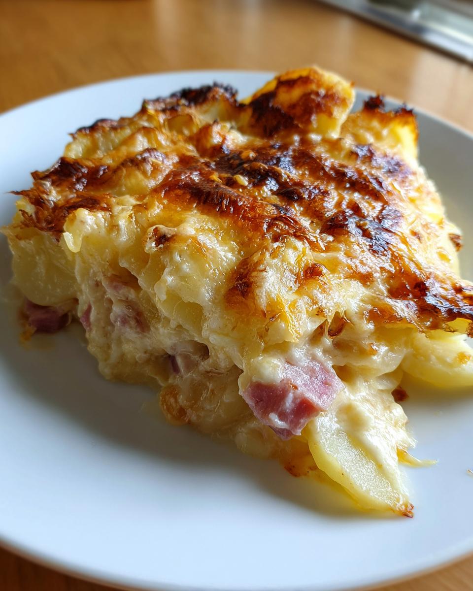 A close-up slice of creamy scalloped potatoes and ham baked with a golden, bubbly cheese crust.