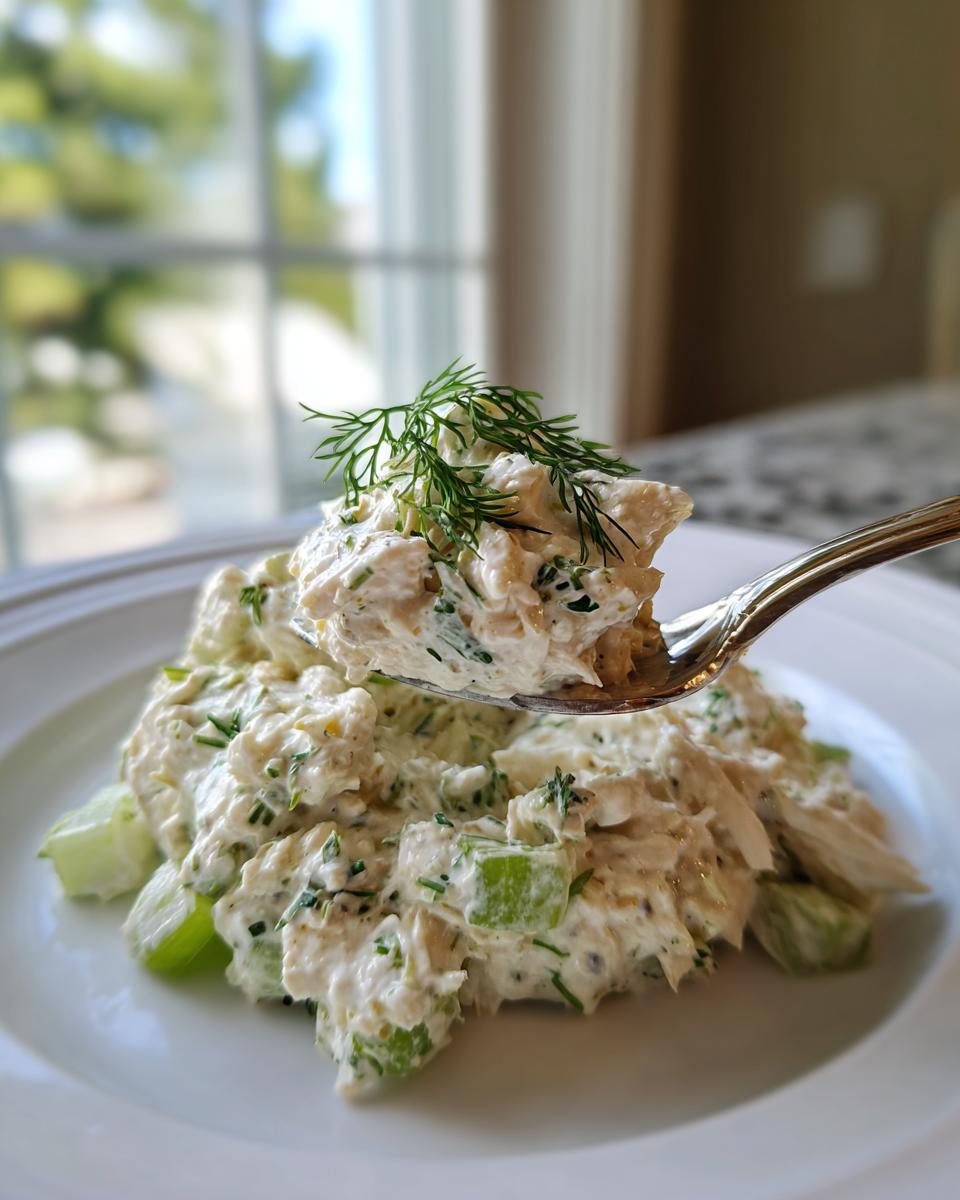 A spoonful of creamy cottage cheese chicken salad topped with fresh dill being lifted from a serving on a white plate.