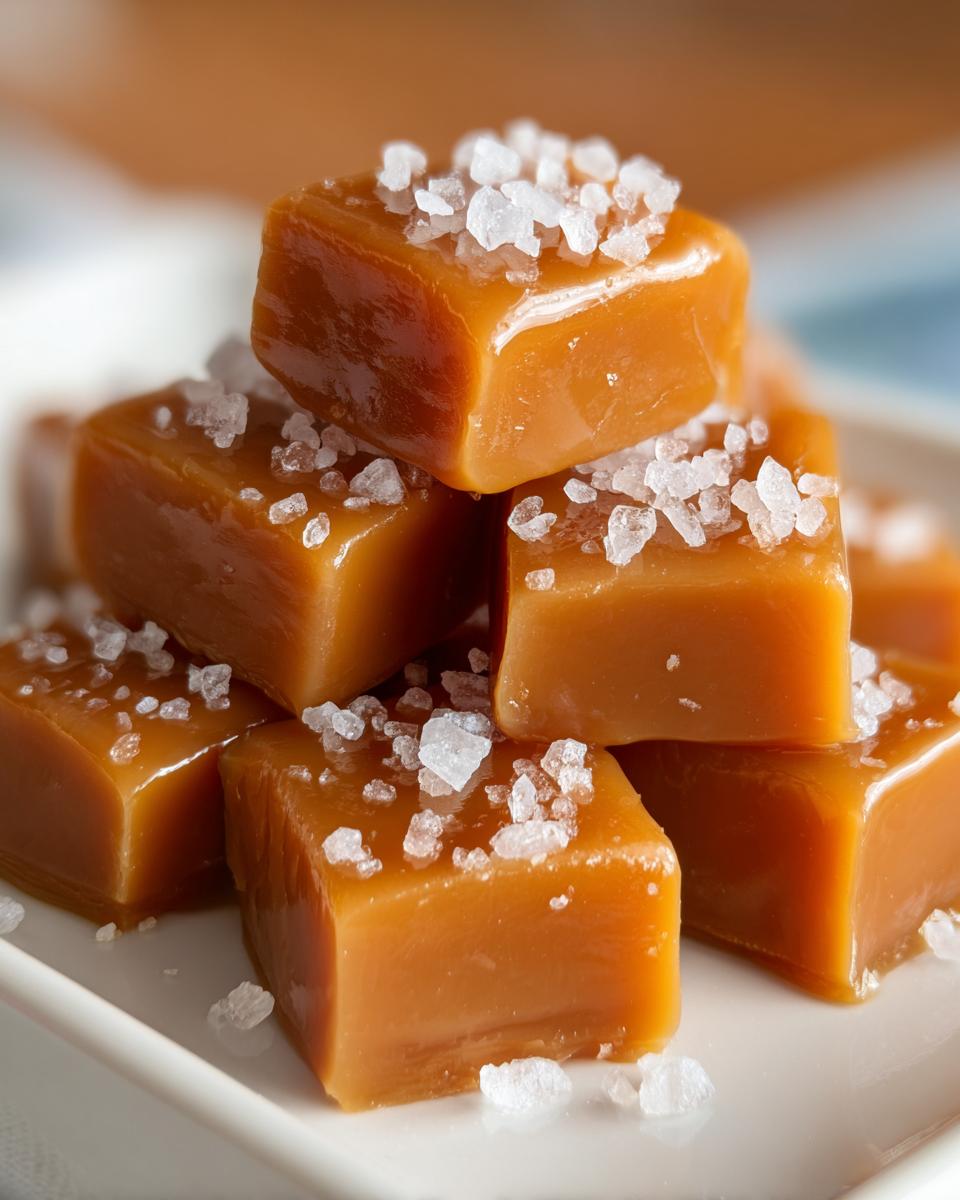 A close-up stack of soft, chewy, square sea salt caramels sprinkled with flaky sea salt.