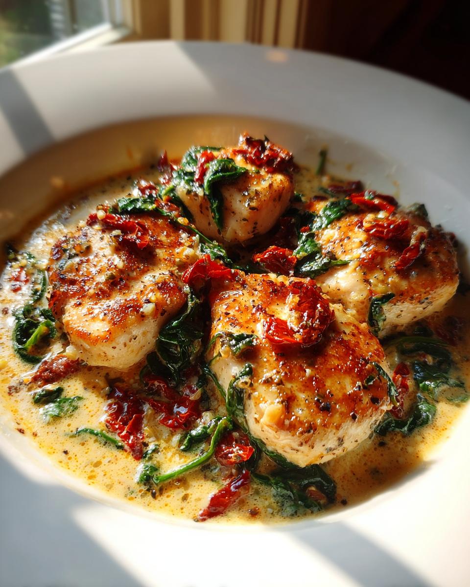 Four pieces of seared marry me chicken served in a creamy sauce with spinach and sun-dried tomatoes.
