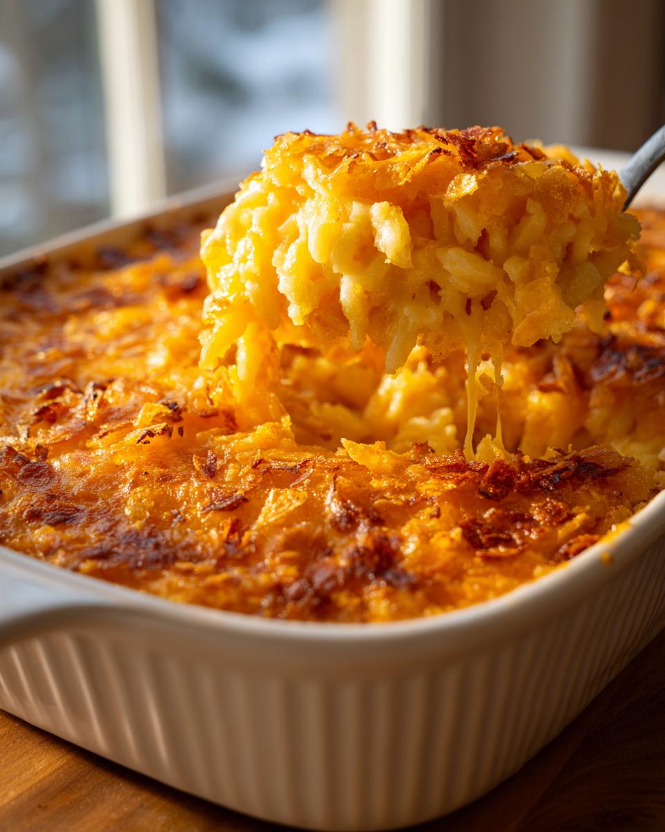 A spoonful of baked cheesy potato casserole being lifted from a white dish, showing a dramatic cheese pull.