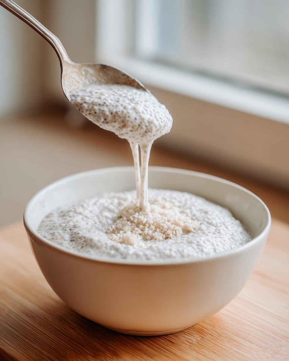 A spoonful of creamy coconut chia pudding is lifted over a bowl, dripping back down onto a pile of shredded coconut topping.