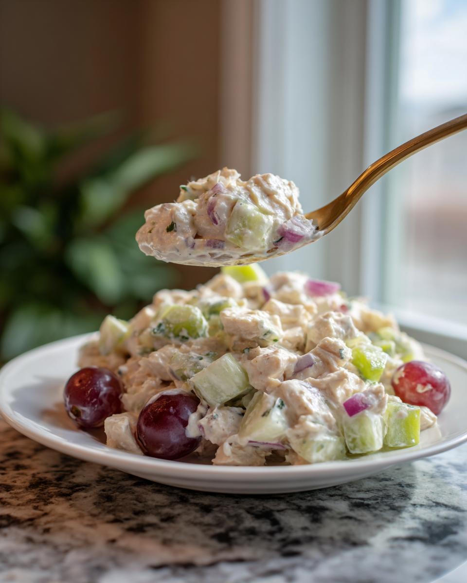 A spoonful of creamy greek yogurt chicken salad, featuring chicken, cucumber, and red onion, lifted above a white plate.