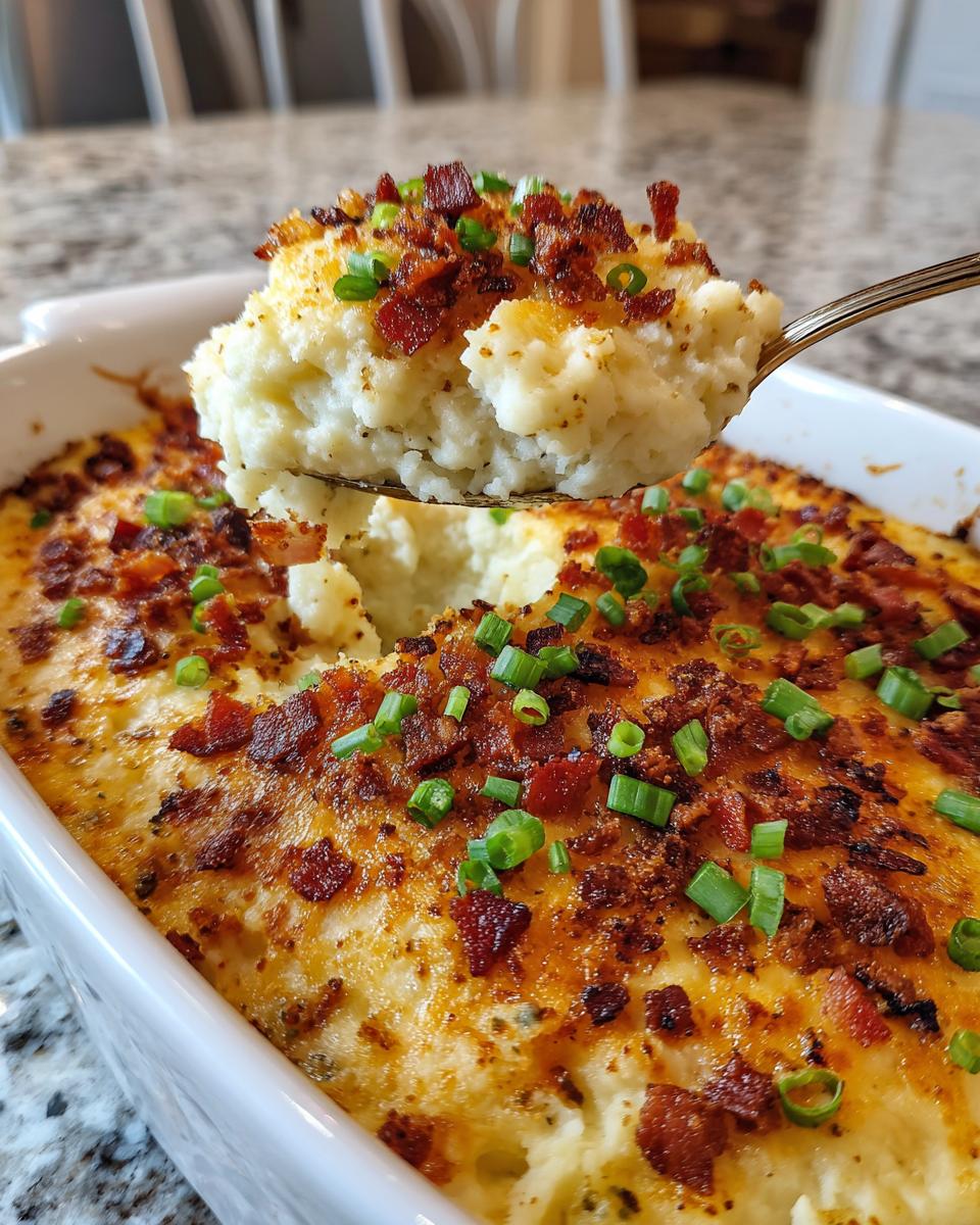 A spoonful of creamy baked loaded mashed potatoes topped with crispy bacon bits and fresh green onions being lifted from the dish.