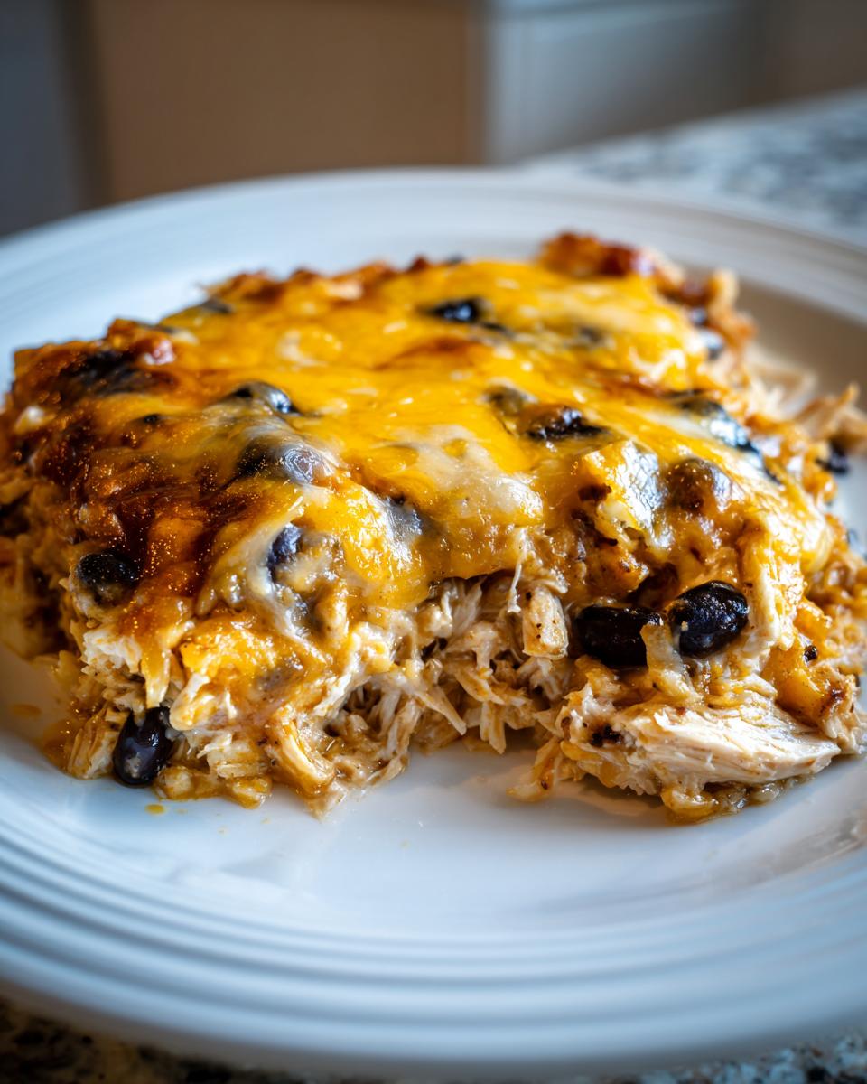 Close-up of a serving of cheesy burrito bake featuring shredded chicken and black beans on a white plate.