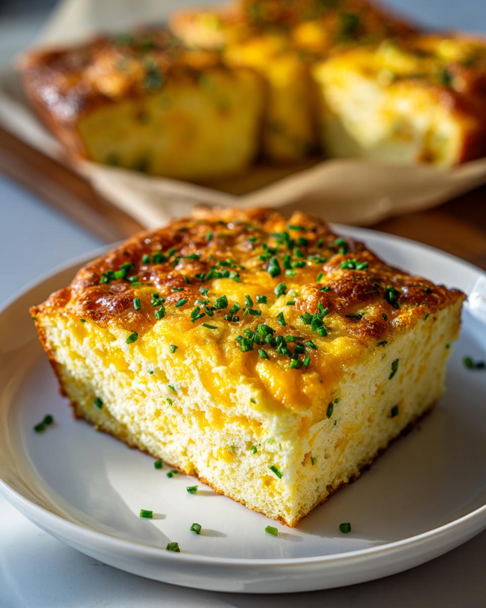 A thick square slice of cheesy sheet pan eggs, topped with fresh chives, served on a white plate.