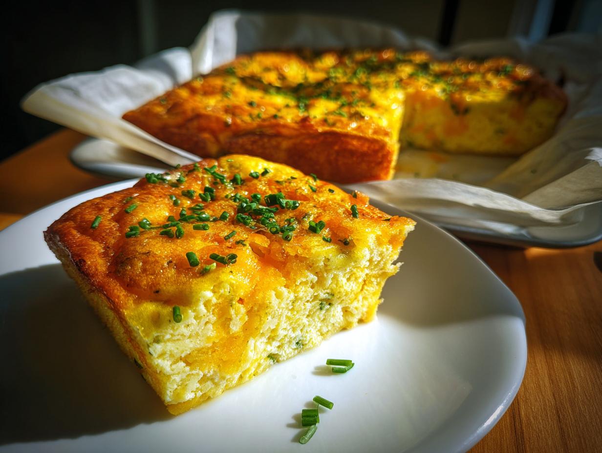 A thick slice of baked sheet pan eggs, topped with melted cheese and fresh chives, served on a white plate.