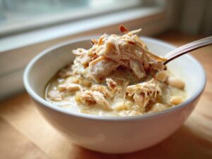 A spoonful of shredded chicken being lifted from a bowl of creamy instant pot white chicken chili with visible white beans.