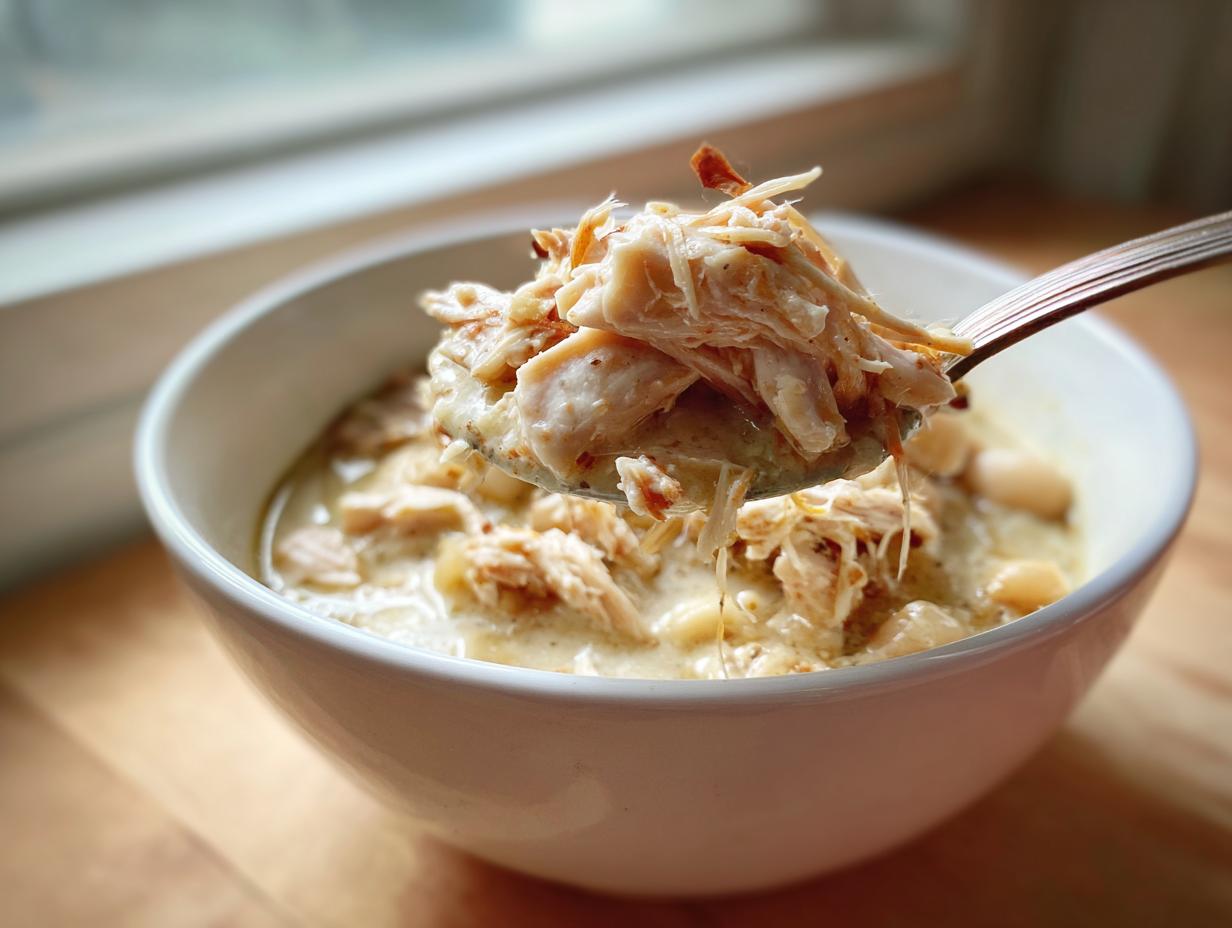 A spoonful of shredded chicken being lifted from a bowl of creamy instant pot white chicken chili with visible white beans.
