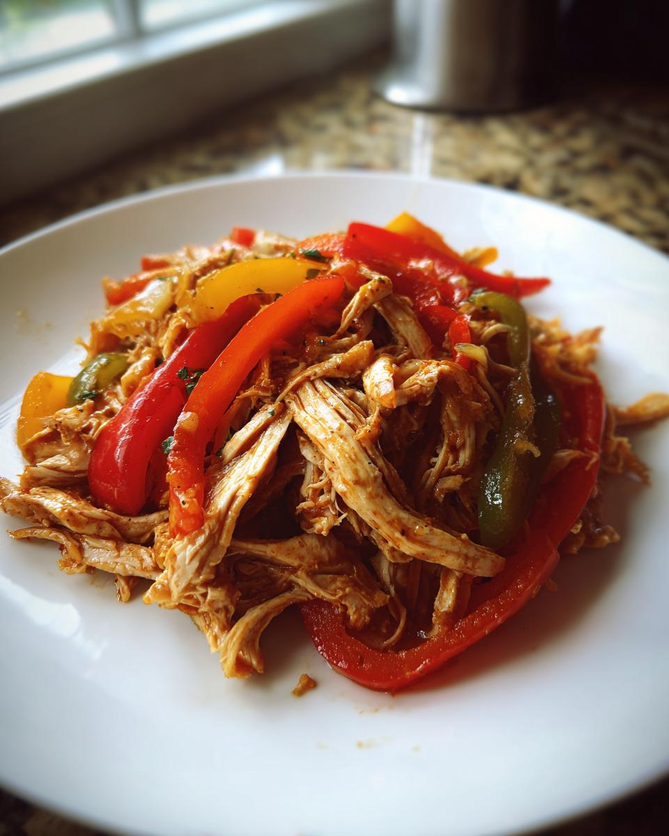 A close-up of shredded chicken mixed with colorful bell peppers, ready for crockpot chicken fajitas, served on a white plate.