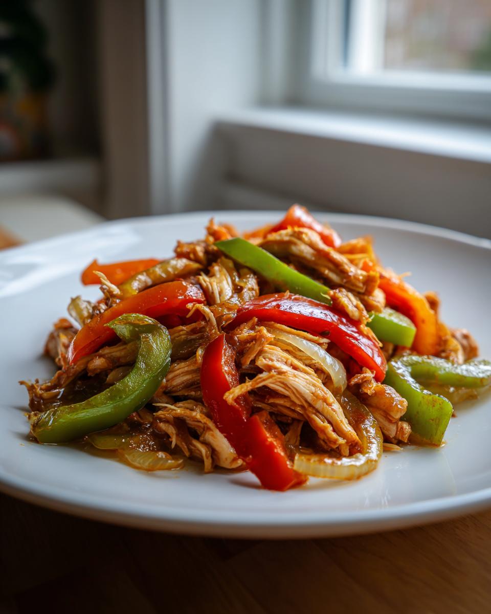Close-up of shredded chicken mixed with vibrant red, green, and orange bell peppers and onions, ready for crockpot chicken fajitas.
