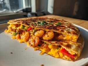 Close-up of a perfectly grilled shrimp quesadilla, oozing with melted cheese and filled with seasoned shrimp and peppers.