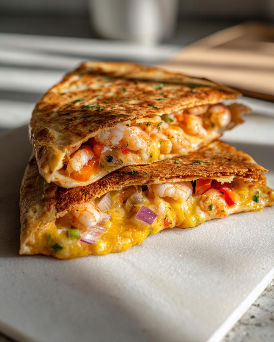 Two halves of a golden-brown shrimp quesadilla, cut open to show melted cheese, shrimp, and diced red onion filling.