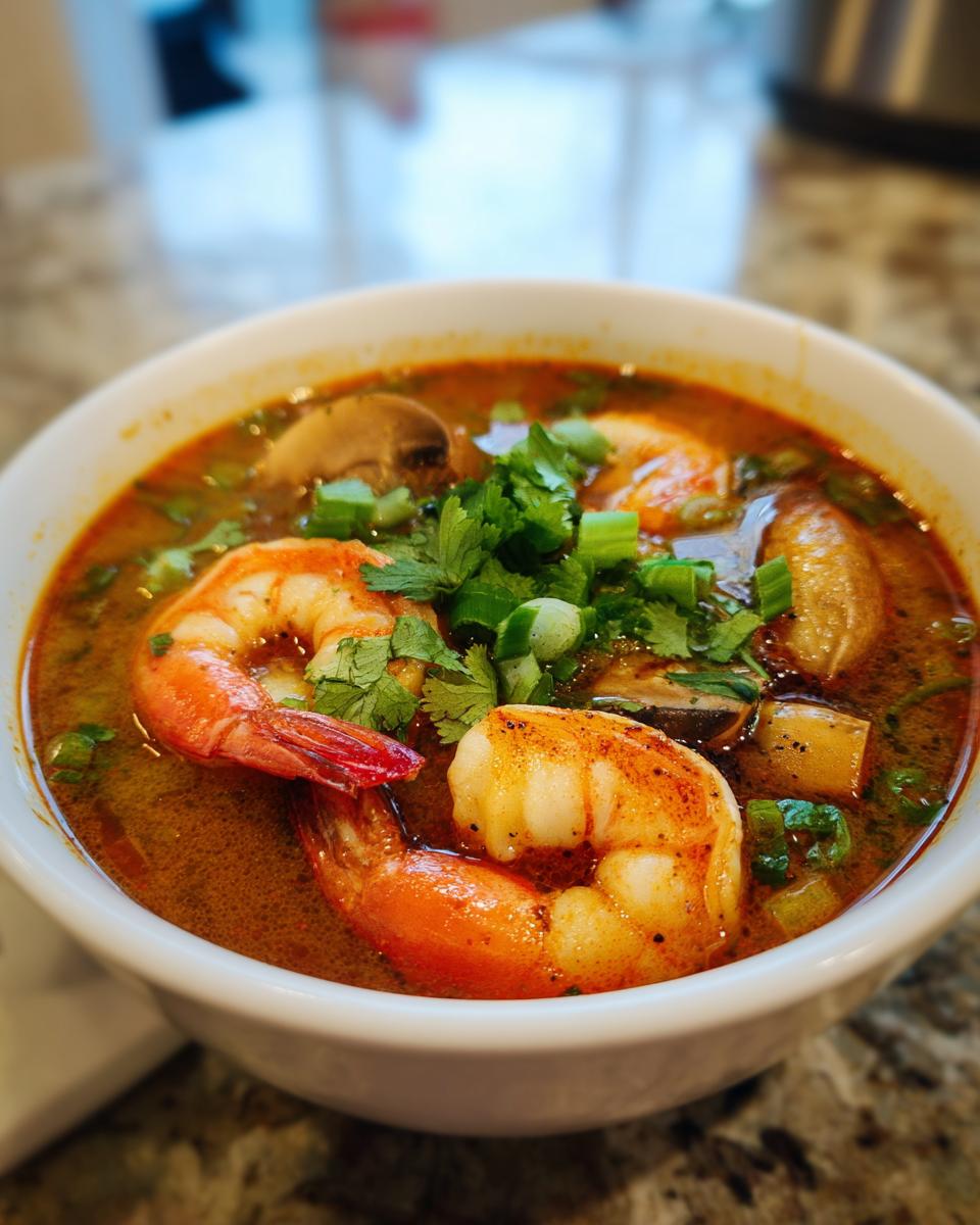 Close-up of a white bowl filled with vibrant red-orange tom yum soup featuring large, seasoned shrimp, mushrooms, and fresh cilantro garnish.
