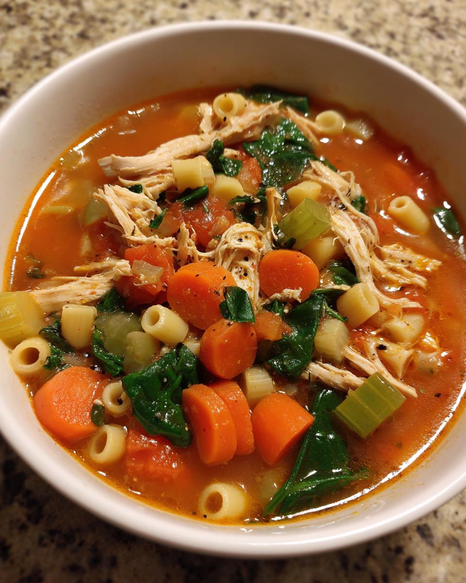 Close-up of a white bowl filled with vibrant Sicilian chicken soup, featuring shredded chicken, carrots, spinach, and ditalini pasta.
