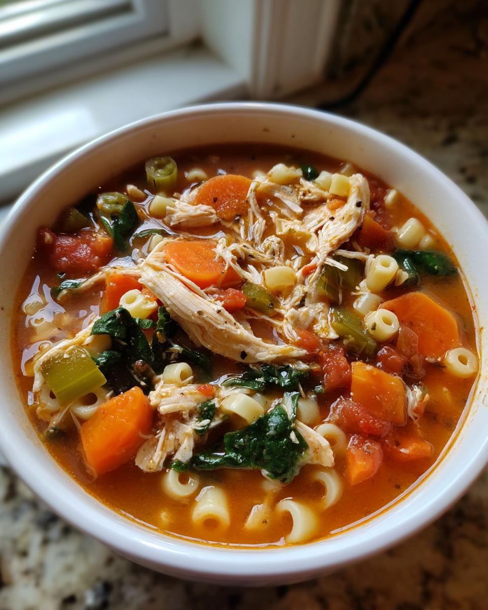 Close-up of a white bowl filled with rich Sicilian chicken soup featuring shredded chicken, carrots, spinach, and ditalini pasta.