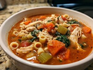Close-up of a white bowl filled with rich Sicilian chicken soup, featuring shredded chicken, ditalini pasta, carrots, and spinach.