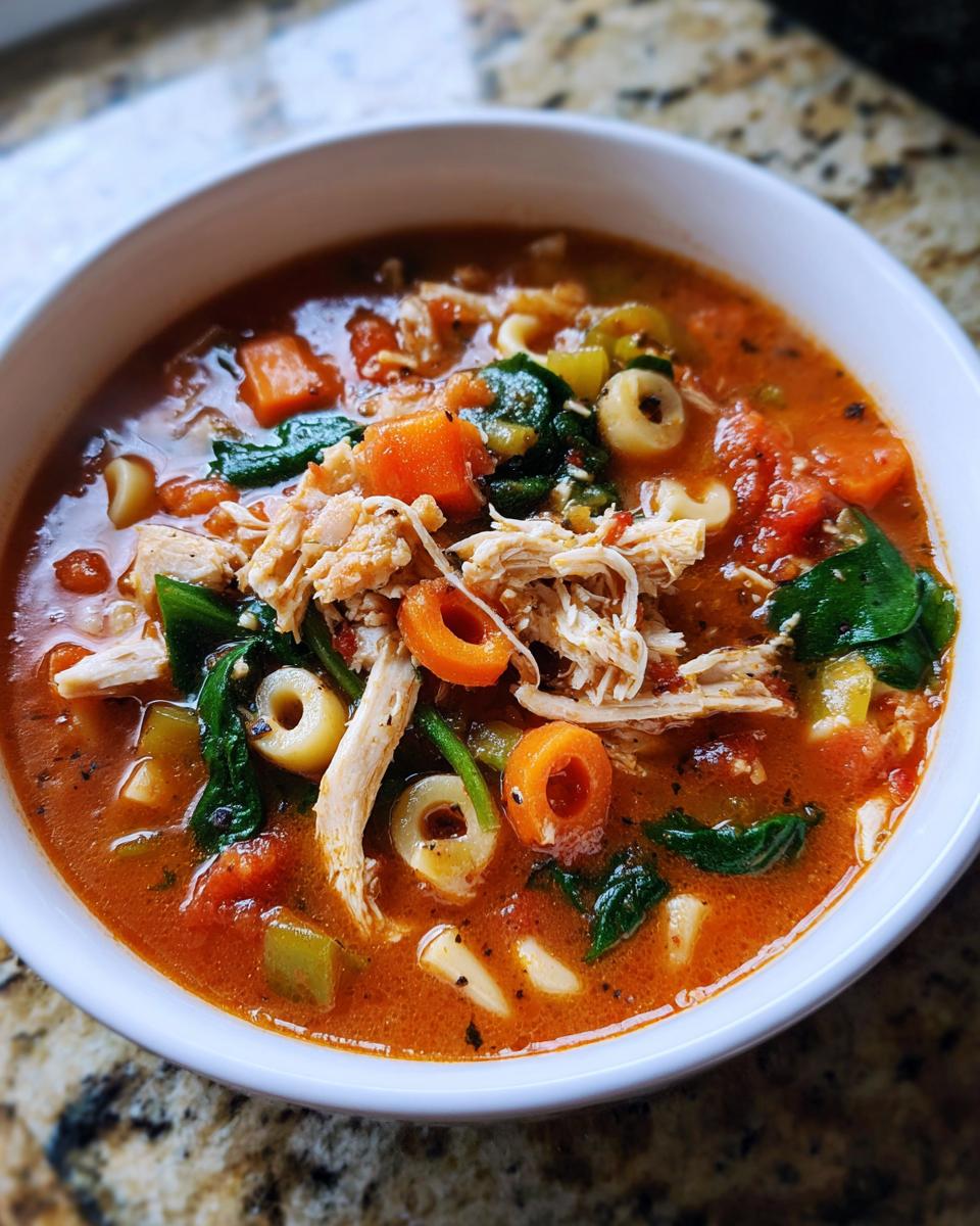 Close-up of a white bowl filled with vibrant Sicilian chicken soup, featuring shredded chicken, carrots, spinach, and sliced olives.
