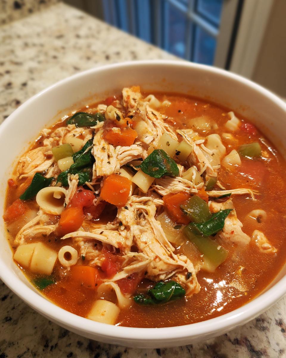 Close-up of a white bowl filled with rich Sicilian chicken soup, featuring shredded chicken, pasta, carrots, and spinach.