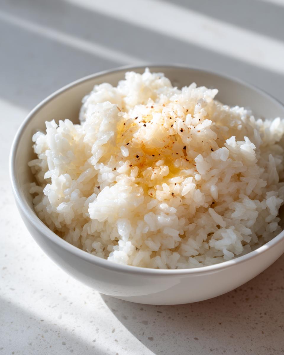 Close-up of a white bowl filled with fluffy white rice topped with melted butter and cracked black pepper, ready to eat as butter rice.
