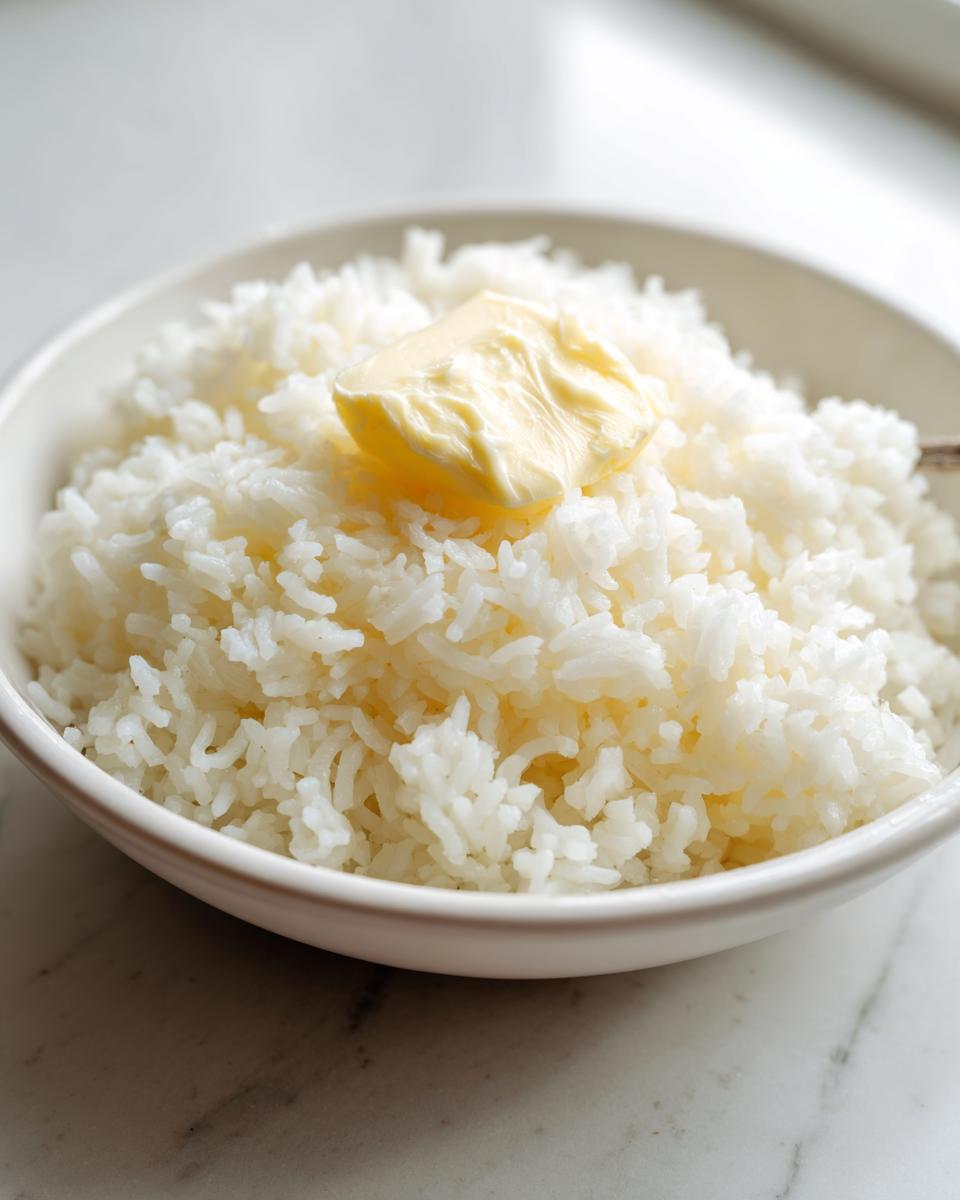 Close-up of fluffy white rice in a white bowl topped with a melting pat of butter, showcasing simple butter rice.