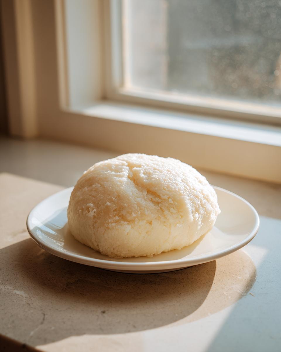A smooth, pale mound of freshly prepared fufu served on a small white plate, illuminated by window light.