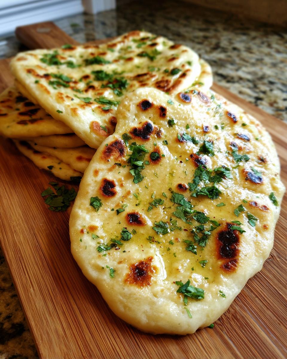 Close-up of freshly cooked naan bread recipe pieces stacked on a wooden board, brushed with butter and sprinkled with cilantro.