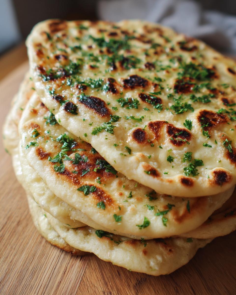 A stack of freshly made naan bread recipe rounds, lightly charred and topped with melted butter and fresh chopped parsley.