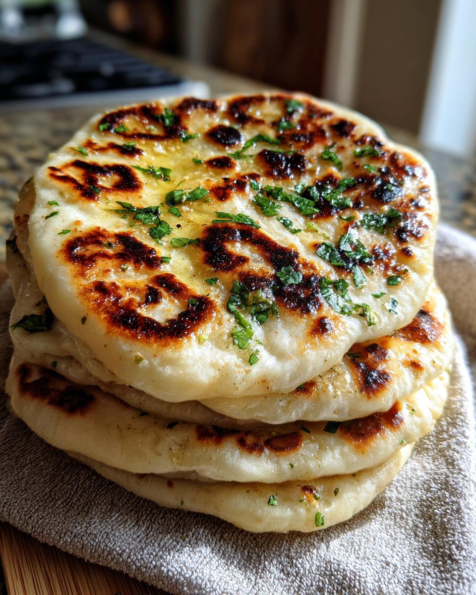 A close-up stack of four freshly cooked naan bread recipe rounds, brushed with butter and topped with chopped green herbs.