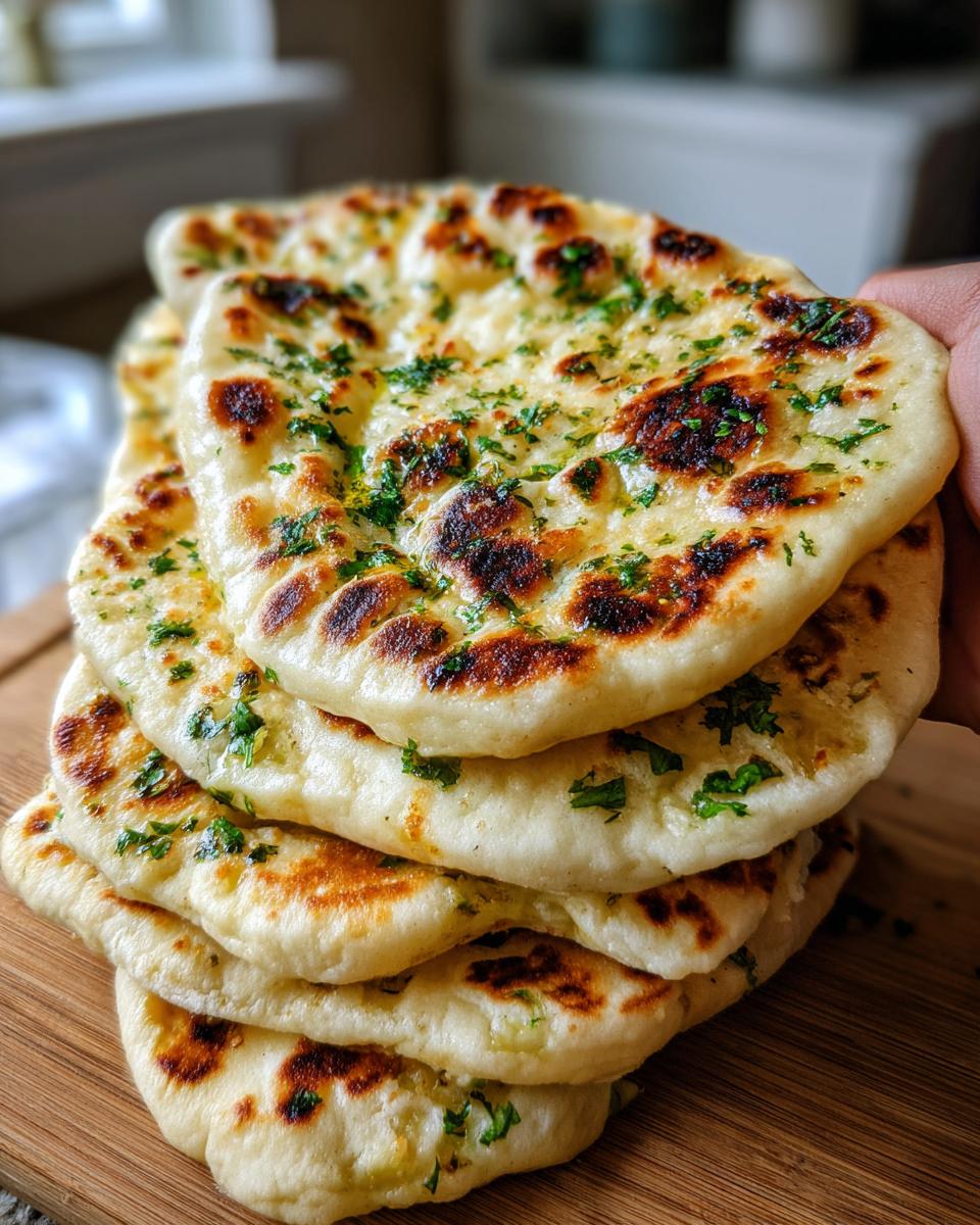 A stack of fluffy, charred skillet naan bread recipe pieces topped with melted butter and fresh cilantro.