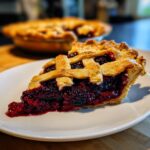 A close-up of a juicy slice of blackberry pie with a golden lattice crust on a white plate.