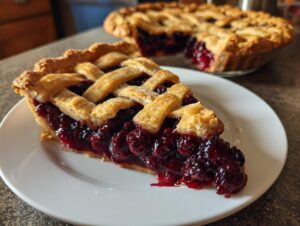 A generous slice of juicy blackberry pie with a golden lattice crust sits on a white plate.